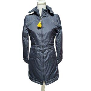 Vtg Cop Copine Womens Sz M Long Coat Quilted Stitching Tassel Accent Full Zip Up